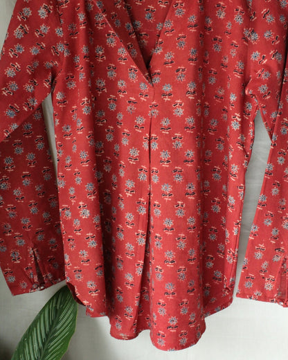 Ajrakh hand-block print Agnika - Red Cotton Pullover Shirt by LabelA